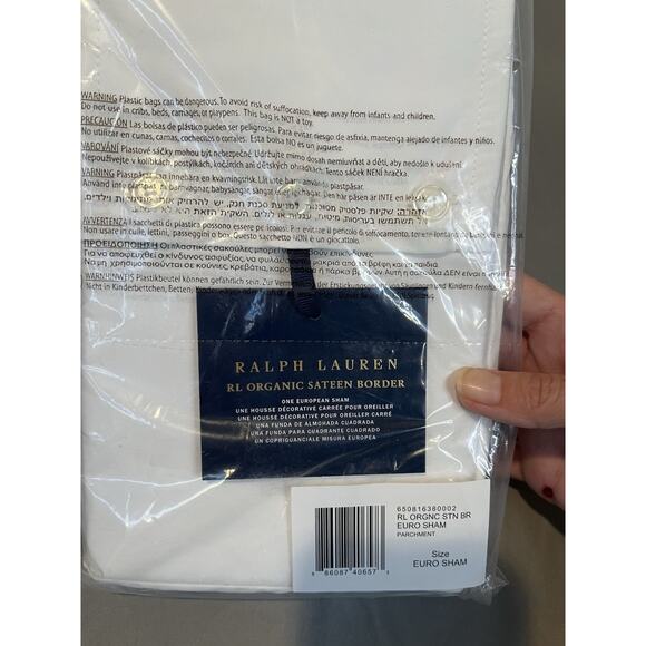 RALPH LAUREN Sateen Border Euro Sham Organic Cotton White/Parchment 26"x26" $185 - Picture 5 of 6